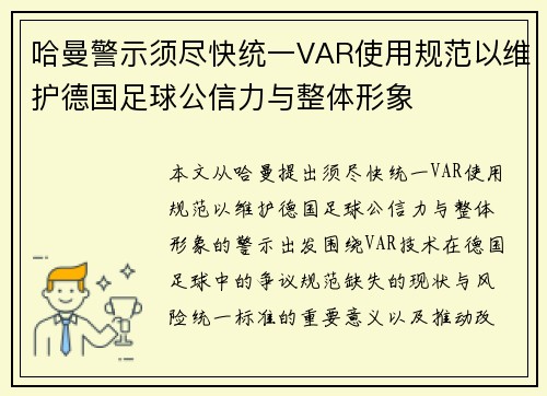 哈曼警示须尽快统一VAR使用规范以维护德国足球公信力与整体形象 哈曼警示须尽快统一VAR使用规范以维护德国足球公信力与整体形象